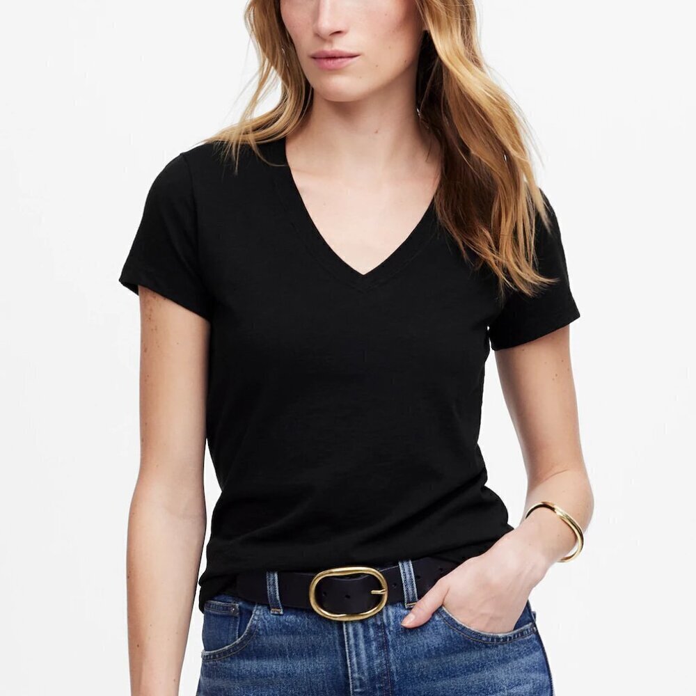 Madewell Slub Perfect V-Neck Cotton Short Sleeve Tee Black Size L